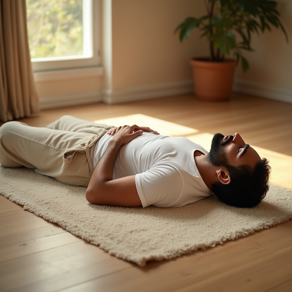 Person lying on a yoga mat in a relaxation pose, hands on abdomen, in a softly lit wooden floor studio
