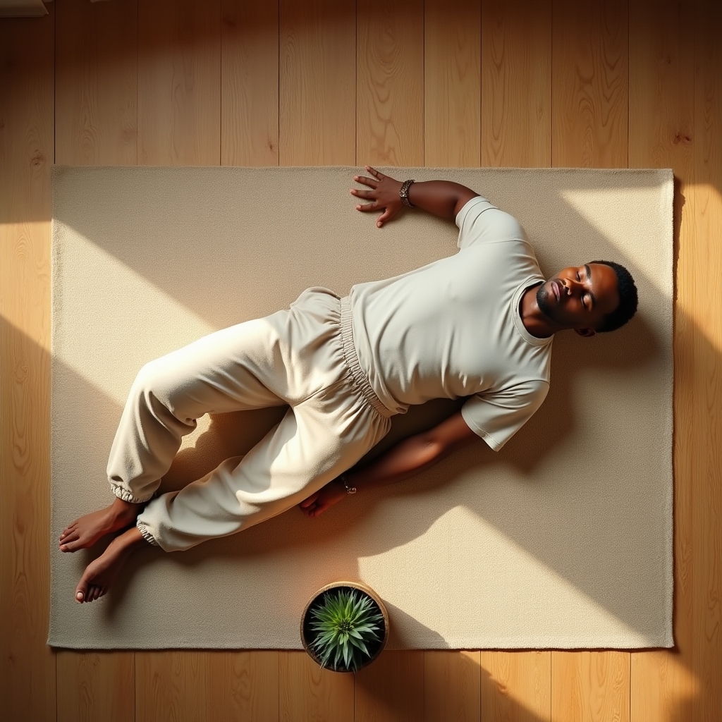 Person lying in a relaxed supine position on a natural fiber mat in warm ambient light, in a body scan awareness practice