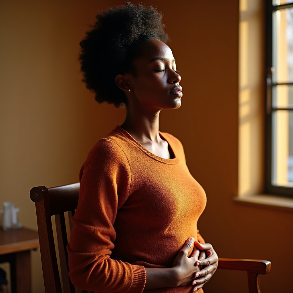 Person seated in a calm indoor space, hands on ribcage, practicing conscious breathing with eyes closed